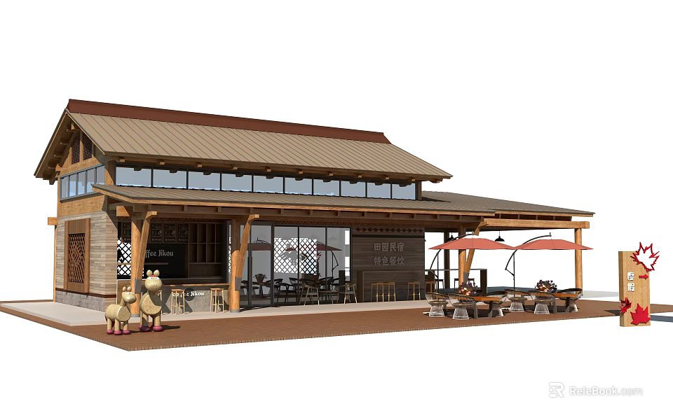 Traditional Wooden Boutique Guesthouse Building with Sloped Roof Large Glass Windows and Outdoor Terrace Seating 3d model 