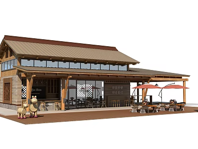Traditional Wooden Boutique Guesthouse Building with Sloped Roof Large Glass Windows and Outdoor Terrace Seating 3d model