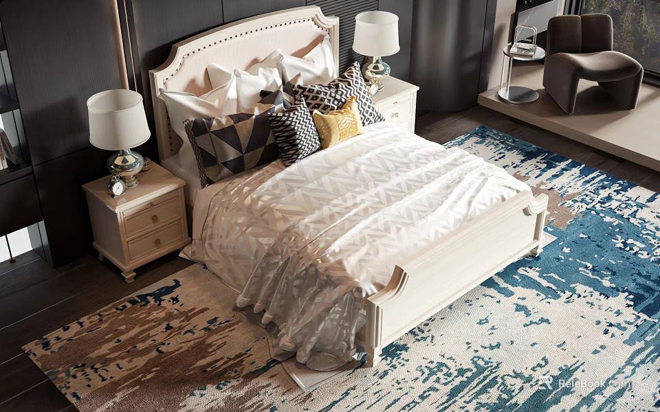 Beige Headboard Double Bed With Various Designed Pillows Nightstands Table Lamps And Blue White Patterned Rug 3d model 