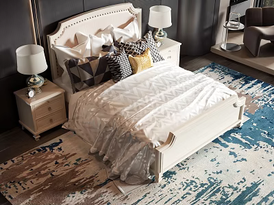Beige Headboard Double Bed With Various Designed Pillows Nightstands Table Lamps And Blue White Patterned Rug 3d model