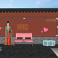 Chinese Trend Photo Spot With Red Backdrop Wall Traditional Dressed Woman And Red Bench