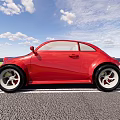 Red Two Door Car Parked On Road With Blue Sky White Clouds And Green Grass