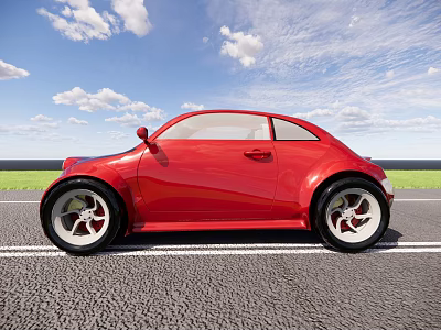 Red Two Door Car Parked On Road With Blue Sky White Clouds And Green Grass 3d model