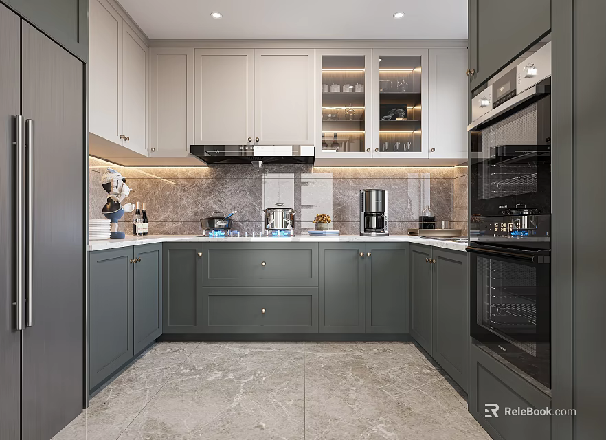 Modern Kitchen Interior Design With Gray Cabinets Marble Countertops And Stainless Steel Appliances 3d model 