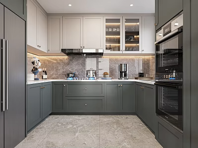 Modern Kitchen Interior Design With Gray Cabinets Marble Countertops And Stainless Steel Appliances 3d model