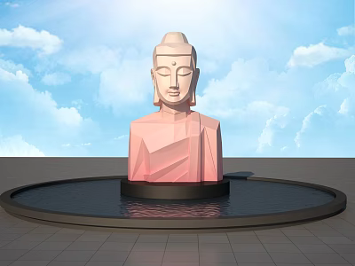 Polygonal Pink Buddha Sculpture On Circular Water Base With Blue Sky Cloud Background 3d model