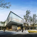 Modern Greenland Group Sales Office Building With Glass Curtain Wall And Surrounding Landscaping Trees
