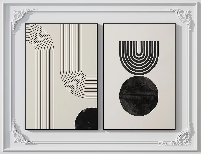 Black And White Geometric Decorative Paintings In White Carved Frames 3d model