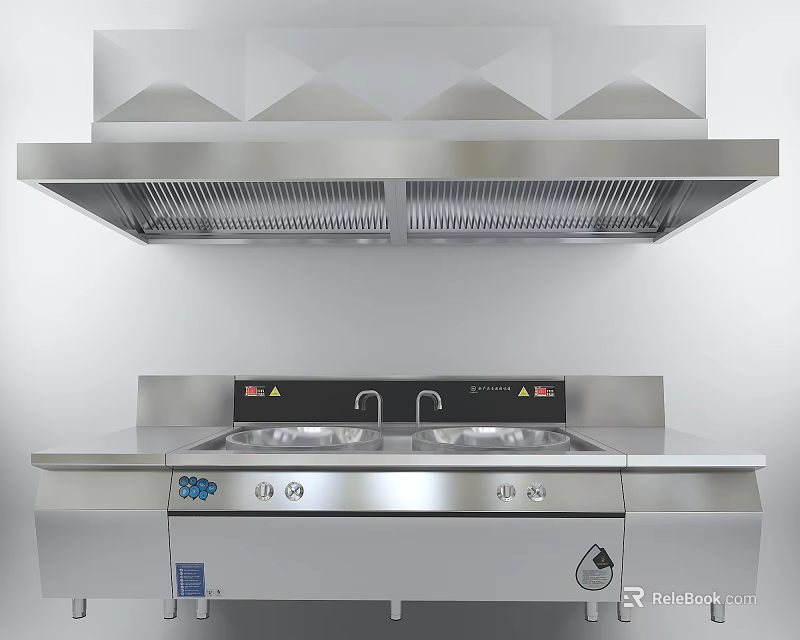 Modern Stainless Steel Kitchen Appliances With Range Hood Cooktop And Sink 3d model 