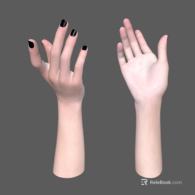 Two Human Hands With Black Nail Polish And Natural Skin On Gray Background 3d model 