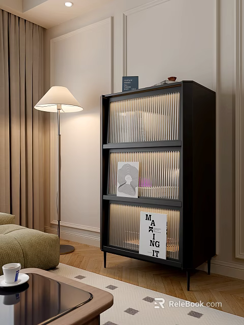 Black Decorative Cabinet With Vertical Striped Glass Doors In Living Room Displaying Books And Decor 3d model 