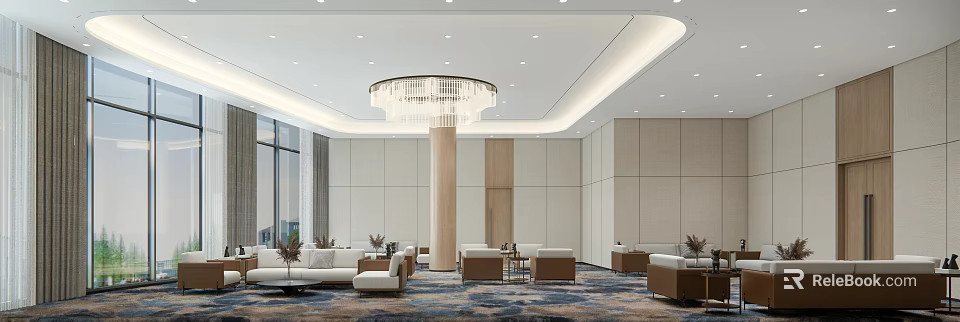 Modern Station Lobby With Large Floor to Ceiling Windows White Wooden Walls And Crystal Chandelier 3d model 