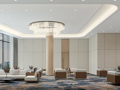 Modern Station Lobby With Large Floor to Ceiling Windows White Wooden Walls And Crystal Chandelier 3d model