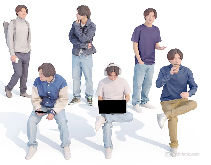 Group of Young Men in Casual Outfits Standing and Sitting with Laptops Headphones and Backpacks 3d model 