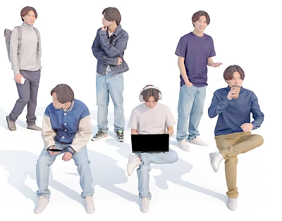 Group of Young Men in Casual Outfits Standing and Sitting with Laptops Headphones and Backpacks 3d model