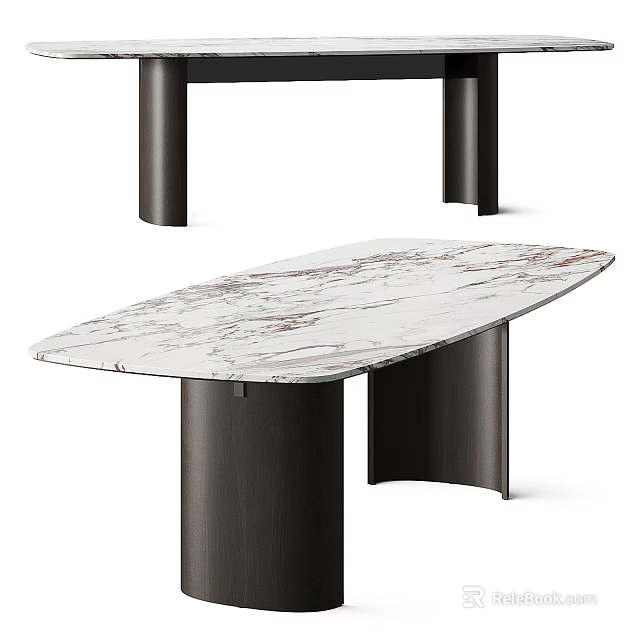 Modern Oval Veined Marble Dining Table With Dark Metal Legs Design 3d model 