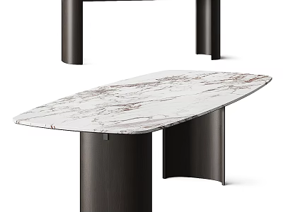 Modern Oval Veined Marble Dining Table With Dark Metal Legs Design 3d model
