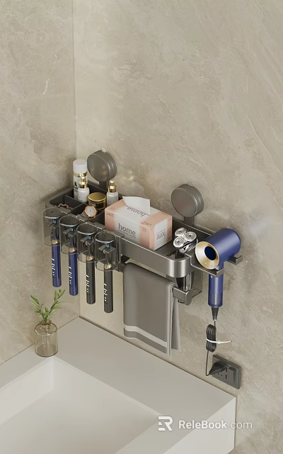 Bathroom Wall Organizer With Hair Dryer Toothbrushes Tissue Box Skincare Bottles And Towel Hook 3d model 