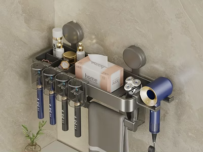 Bathroom Wall Organizer With Hair Dryer Toothbrushes Tissue Box Skincare Bottles And Towel Hook 3d model