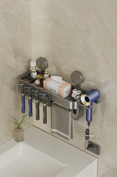 Bathroom Wall Organizer With Hair Dryer Toothbrushes Tissue Box Skincare Bottles And Towel Hook 3d model