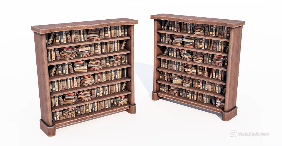 Two Traditional Wooden Bookcases With Multiple Shelves Filled With Books 3d model 