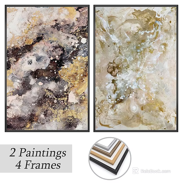 Two Abstract Art Paintings With Gold Brown Framed Wall Decor 3d model 