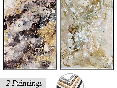 Two Abstract Art Paintings With Gold Brown Framed Wall Decor 3d model