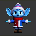 Adorable Blue Game and Movie Character With Large Ears Colorful Hat Red Scarf Brown Shoes