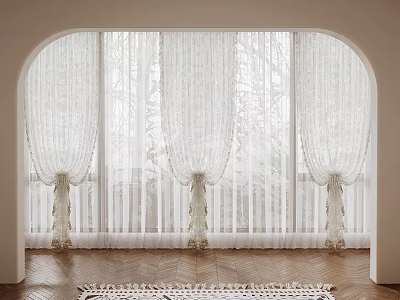 Elegant White Sheer Curtains In Arched Window With Flowy Fabric And Trees Outside View 3d model