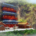 Ancient Chinese Traditional Gate Architecture Featuring Red Pillars Ornate Roof Stone Stairs And Brick Walls