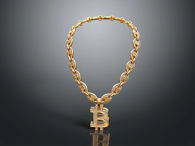 Gold Chain Link Necklace With Bitcoin Symbol Pendant On Black Background 3d model
