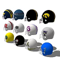 Various Football Helmets With Different Team Logos And Colorful Designs