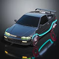 Black Sporty Car With Neon Lights Red Rims Rear Spoiler And Futuristic Design