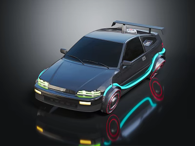 Black Sporty Car With Neon Lights Red Rims Rear Spoiler And Futuristic Design 3d model