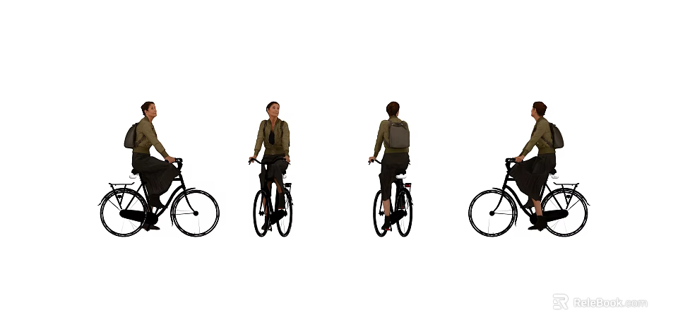 Woman Riding Bicycle In Casual Outfit From Front Back And Side Views 3d model 