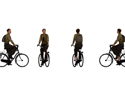 Woman Riding Bicycle In Casual Outfit From Front Back And Side Views 3d model