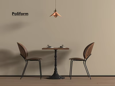 Modern Minimalist Leisure Chairs With Woven Design Metal Frame Wooden Table And Pendant Light 3d model