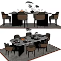Modern Dining Table Set With Six Gray Chairs Marble Top Tableware And Vase Decorations 3d model