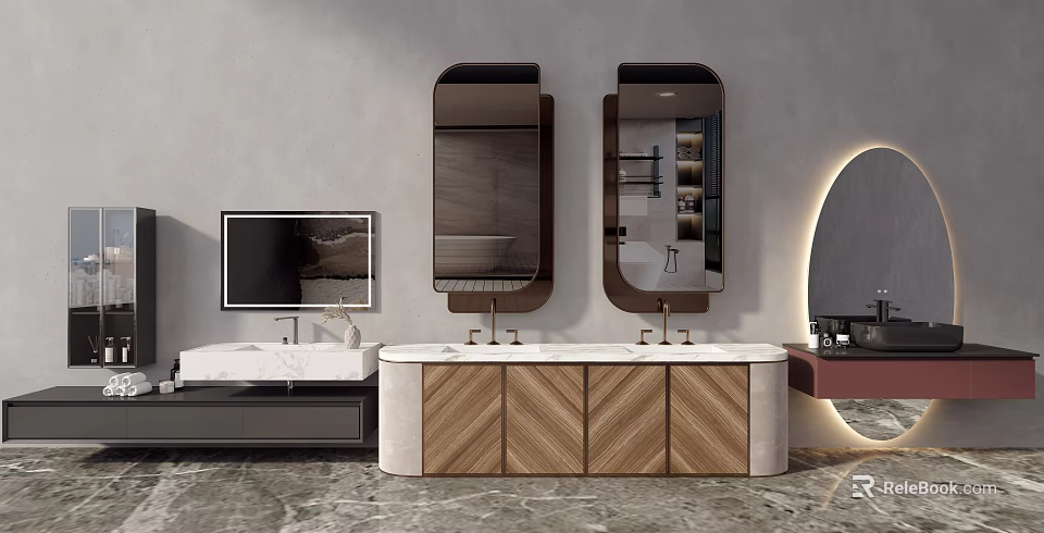 Modern Bathroom Vanity Set With Double Sinks Wooden Marble Cabinets And Storage Mirrors 3d model 