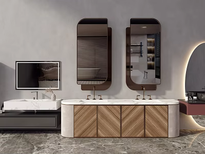 Modern Bathroom Vanity Set With Double Sinks Wooden Marble Cabinets And Storage Mirrors 3d model