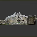Ancient Ruined Stone Wall Landscape with Lush Green Grass and Central Stone Slab