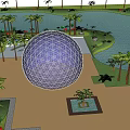 Park Landscape Design With Pond Palm Trees Dome Structure And Green Lawn
