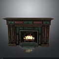 Ornate Vintage Fireplace With Green Red Brown Accents And Burning Fire Design