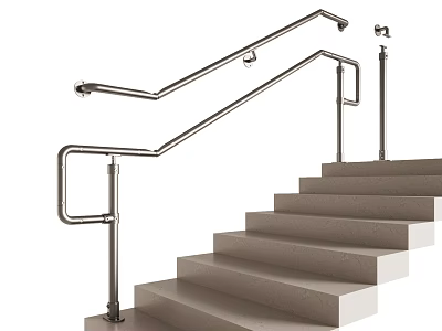 Sturdy Staircase With Light Concrete Steps And Polished Stainless Steel Handrails 3d model