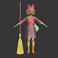 Adorable Girl Doll Wearing Dark Blue Dress With Red Bow And Yellow Bag Near Broom