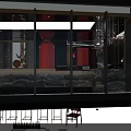 Japanese Restaurant Open Kitchen With Marble Bar Wine Rack Red Sculpture Black Tiles Large Windows
