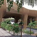 Modern Wooden Landscape Bridge With Lush Green Plants And Trees Along Walkway