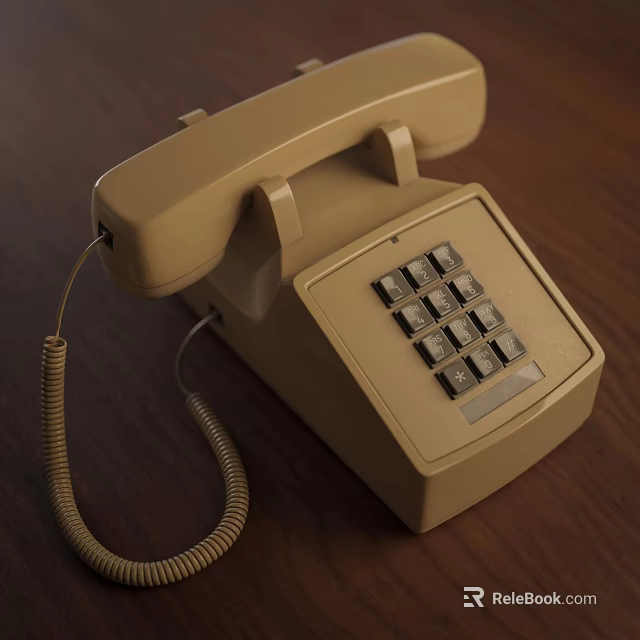 Vintage Beige Telephone With Push Button Keypad And Coiled Cord On Wooden Table 3d model 