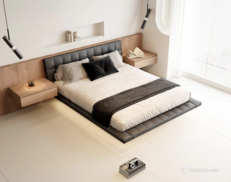 Modern Double Bed With Leather Headboard Black And White Bedding Sleek Nightstands And Pendant Lights 3d model 