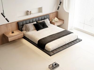 Modern Double Bed With Leather Headboard Black And White Bedding Sleek Nightstands And Pendant Lights 3d model